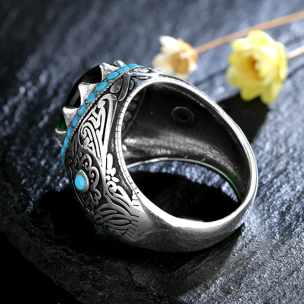 

Retro 925 Silver Ring Oval Zircon Ring Green Emerald Gemstone Jewelry Male Thai Silver Turkish Jewelry Gifts Rings for Women Men