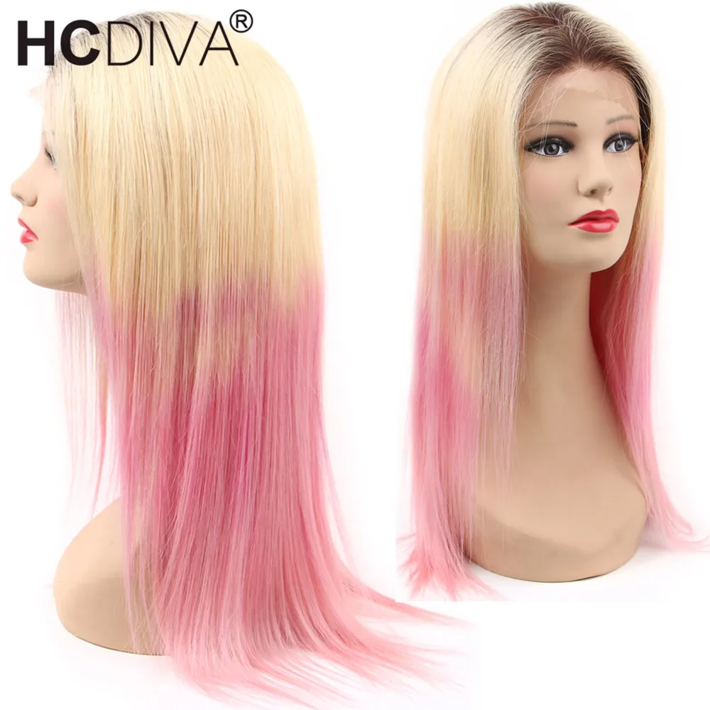 Ombre 1B/613/Розовый прямой парик шнурка спереди бразильский Remy человеческих волос 13*4