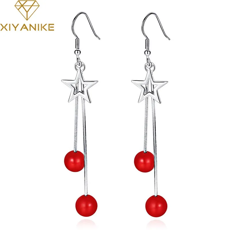 Серьги подвески женские из серебра 925 пробы с красным жемчугом|Серьги-подвески| |