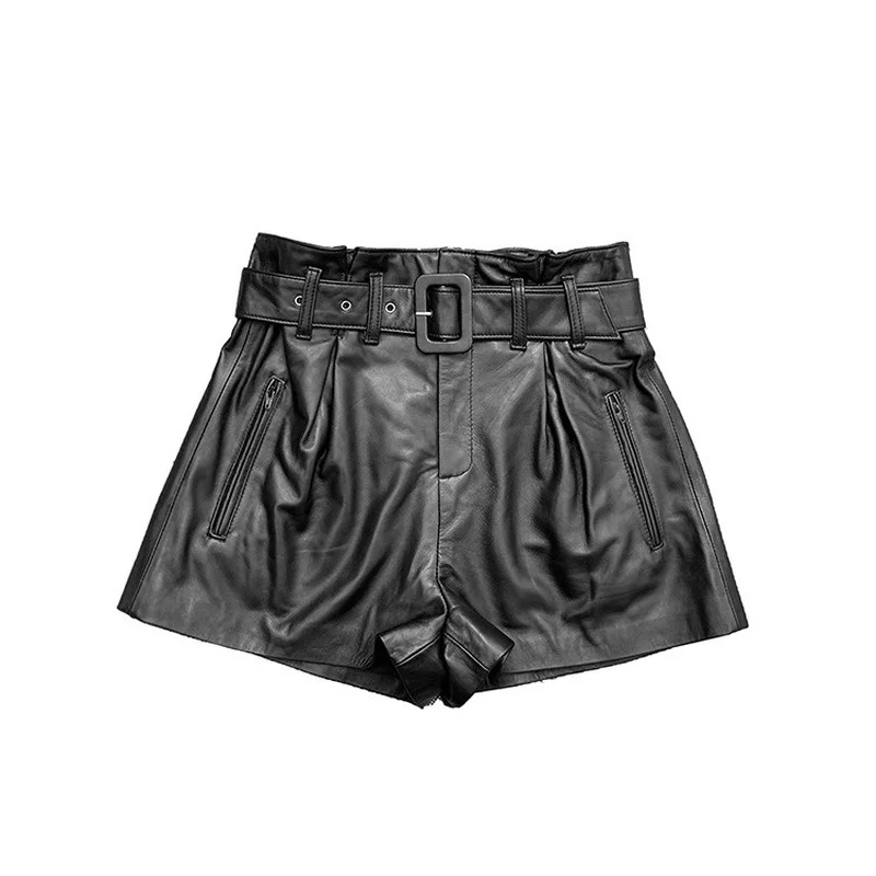 Autumn Spring Womens Shorts Casual Real Genuine Leather Short Black Feminino Sexy Party Fashion Streetwear Short Pants Clotes