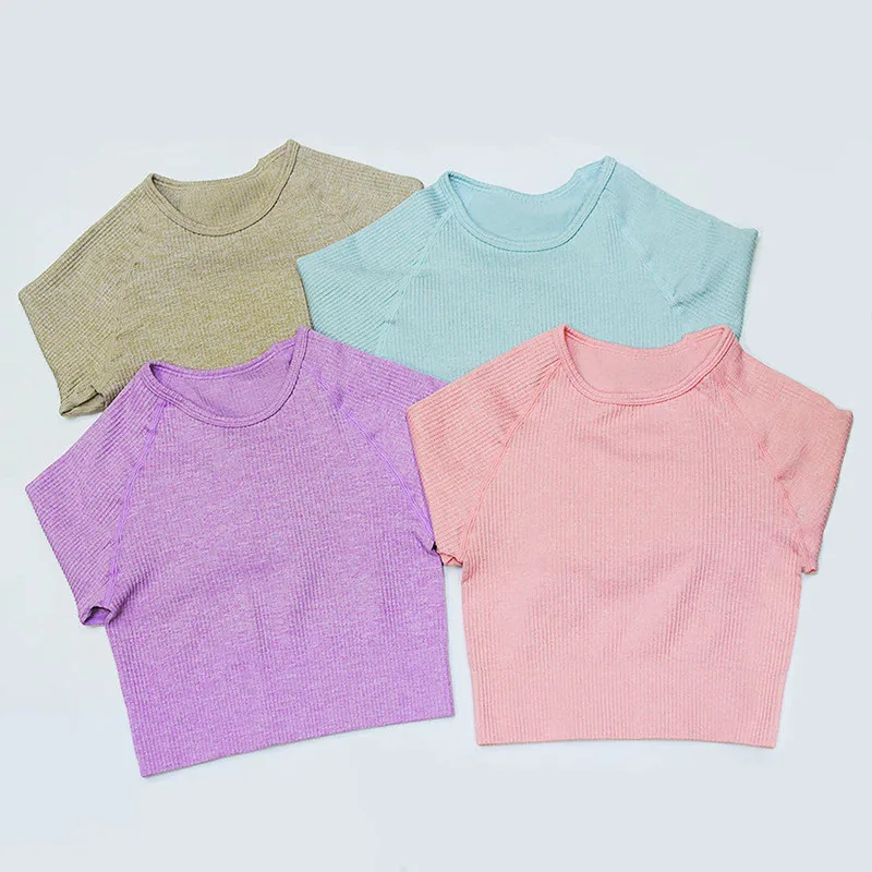 

SHINBENE Sexy Ribbed Seamless Athletic Yoga Fitness Crop Tops Women Slim Fit Plain Sport Workout Gym Long Sleeved Shirts Top