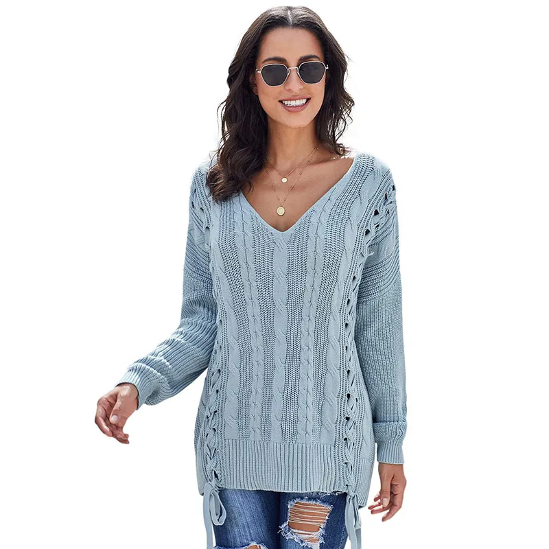 Женский трикотажный пуловер с V-образным вырезом длинным рукавом | Женская одежда
