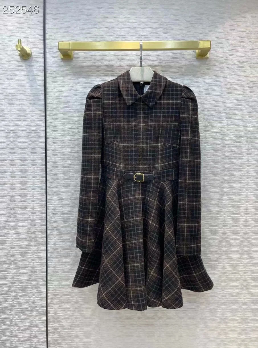 

Fyion Fashion Runway Long Sleeve Mini Knit Dresses Women Elegant Party Plaid Print Belt Woolen Dress