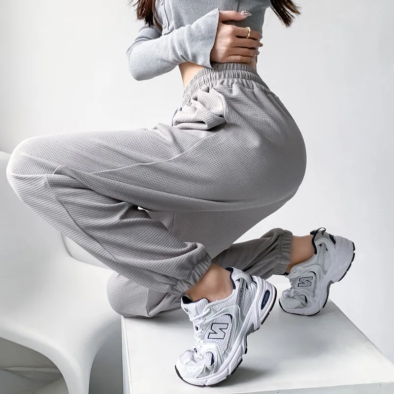 

Elastic Waist Trousers Harem Pants Women High Waist Drawstring Joogers Sweatpants Plus Size Waffle Pants Long Bloomers for Women