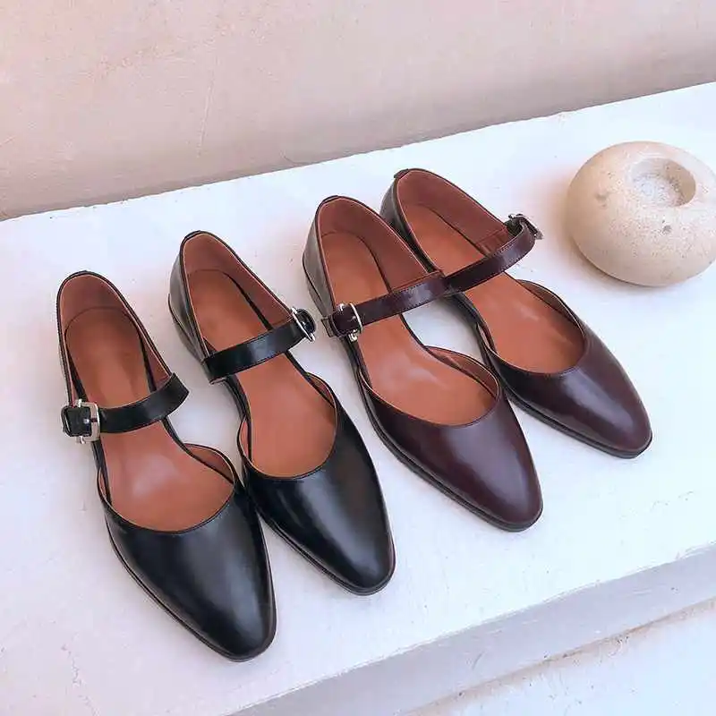 

Krazing pot vintage full grain leather Mary janes small square toe low heels high fashion shallow buckle straps spring pumps L52