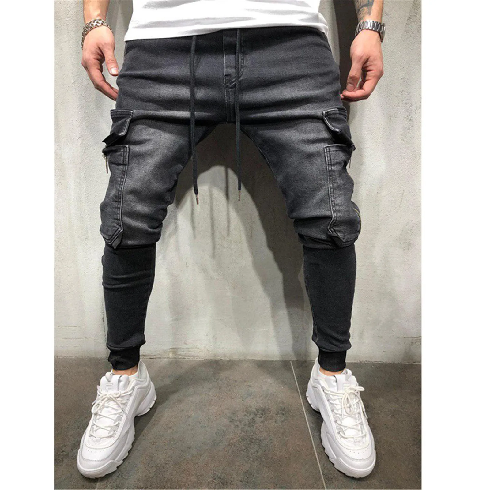 

2021 Autumn New Men's Cargo Pants With Pockets Drawstring Waist Solid Color Skinny Denim Pants Streetwear calça masculina