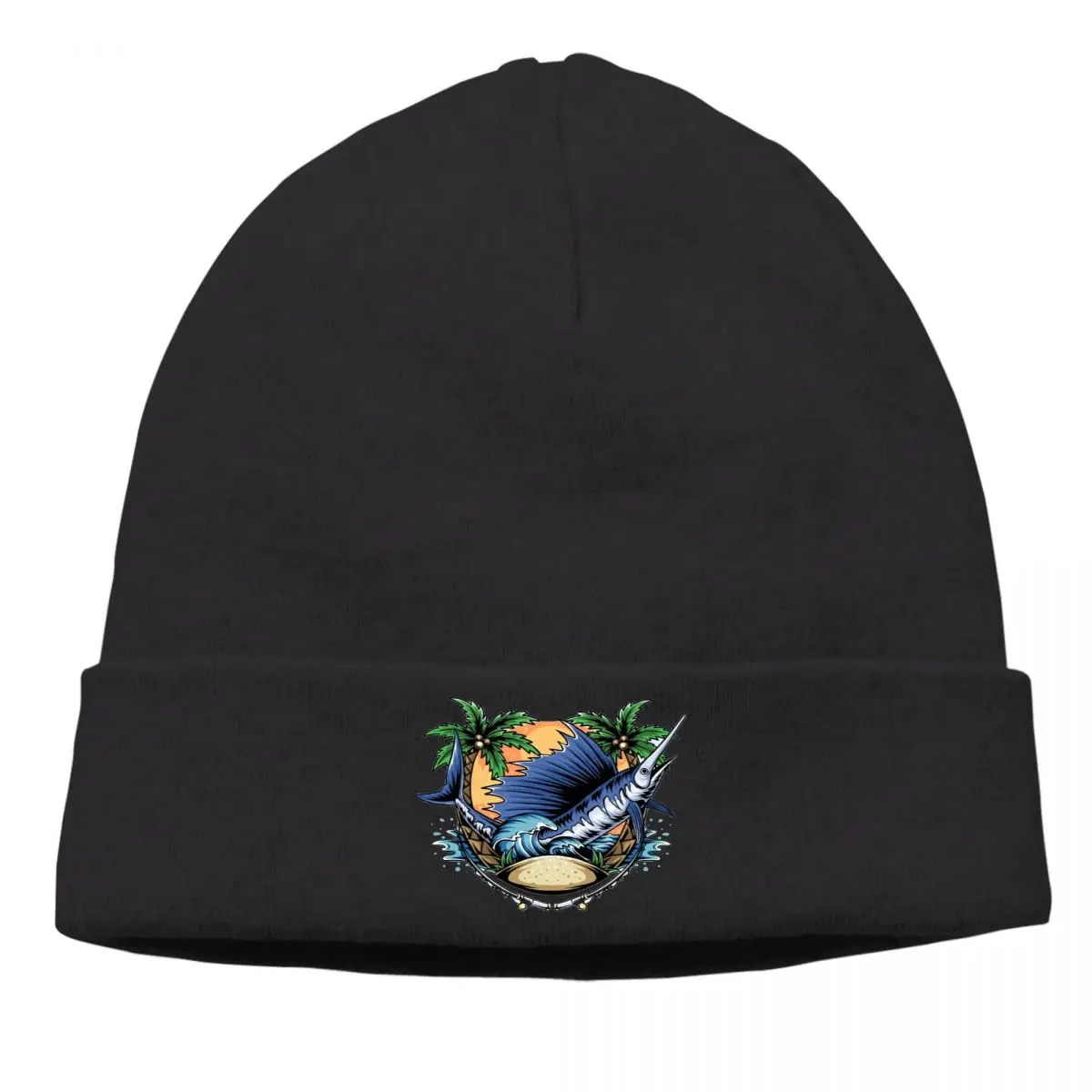 

Skullies Beanies Marlin Fish On Beach With Coconut Trees Knitted Bonnet Hats Men Women's Street Ski Cap