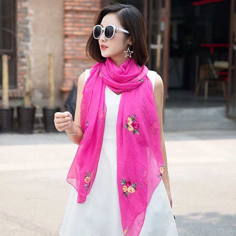 Женский шифоновый шарф с вышитыми розами Солнцезащитная шаль в национальном