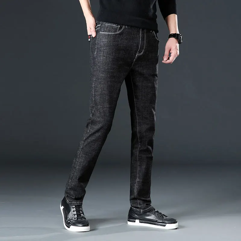 

Pure black jeans men's Korean style slim cotton long men's trousers fashion plus size oversized casual trousers