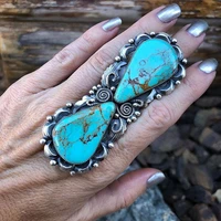 vintage boho oversized water drop shape blue stone finger ring for women punk antique silver color metal rings jewelry
