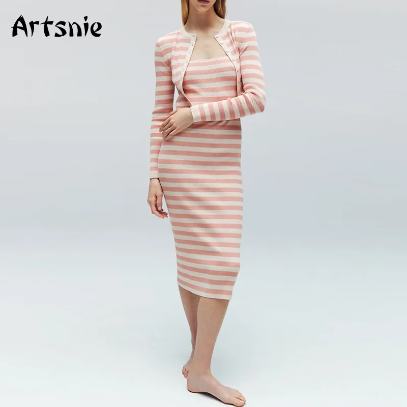 

Artsnie Vintage Striped Cardigan Women Autumn 2021 O Neck Long Sleeve Sweater Pull Femme Single Breasted Slim Cropped Cardigans