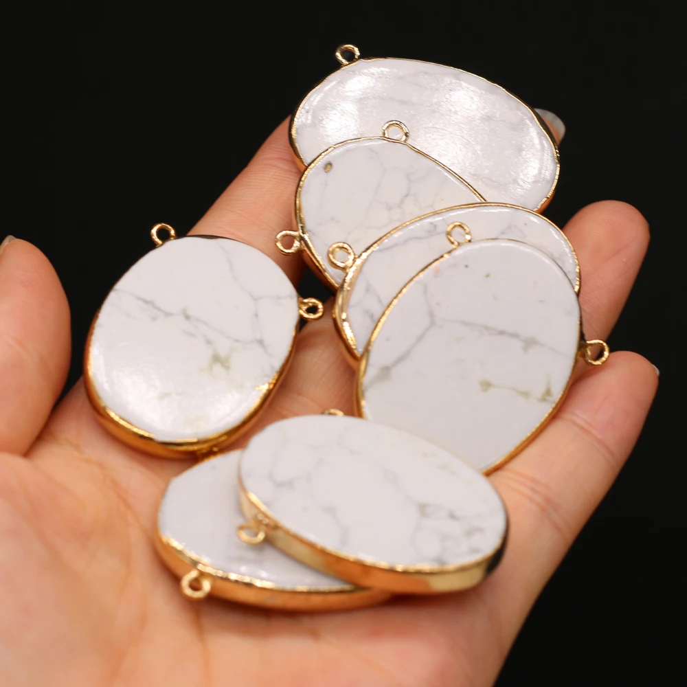 

Natural Semi-precious Stone Egg-shaped Gold Rim White Turquoise Double-ring hole Pendant Connector Making DIY Necklace Jewelry