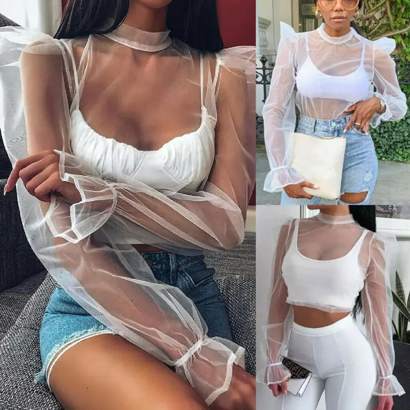 

New Sexy Women Blouse See-through Sheer Mesh Turtleneck Ladies Puff Long Sleeve Transparent Tops Shirts