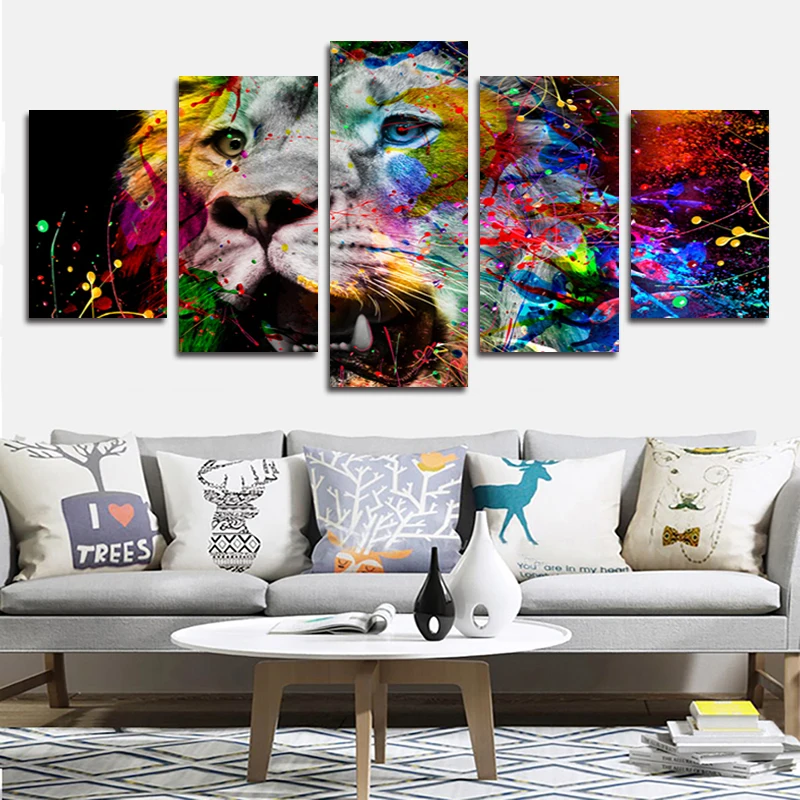 

Abstract Animal Canvas Painting Modern Art Wall Poster Color Lion Head Home Decor Living Room Mural Five Piece Set Without Frame