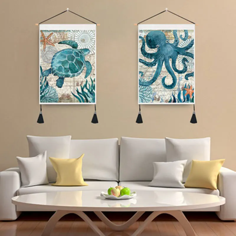 

Marine Life for Canvas Painting with Frame Poster for Living Room Decoration Wall Art with Wood Hanging Scroll Tassel