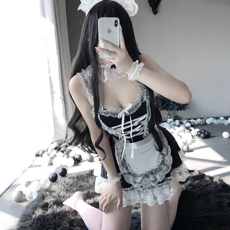 

Sexy Lingerie Lovely Maid Cosplay Costume French Sweet Gothic Lolita Dress Anime Cosplay Sissy Maid Uniform Apron Mini Dress