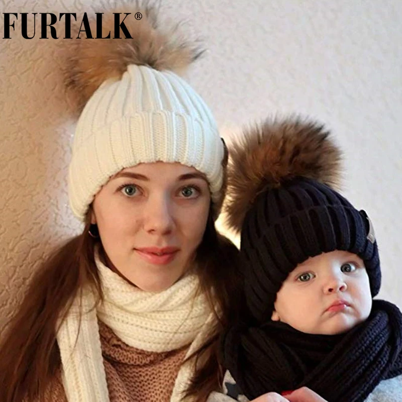 Furtalk Реального Меховая Шапка Вязаная Реальный Большой Енота Pom Pom Hat женщины Зимняя Шапка Унисекс ДетиТеплый Коренастый Толстая Эластичный вязать