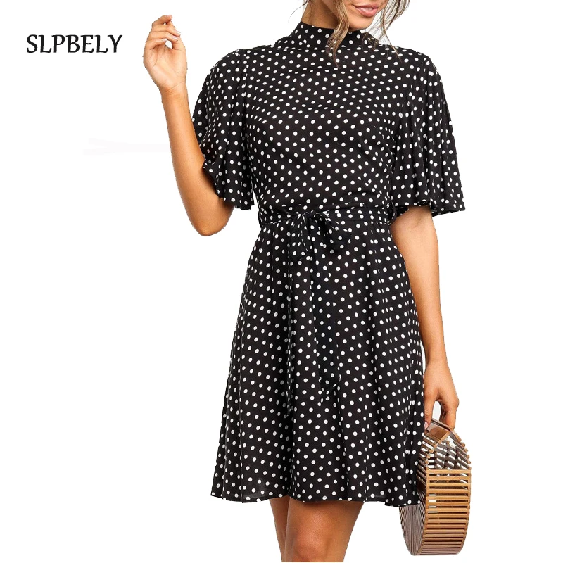 

SLPBELY женское платье в горошек; Сезон весна-лето; Повседневное платье трапециевидной формы с короткими рукавами Вечерние Платья отдых летнее...