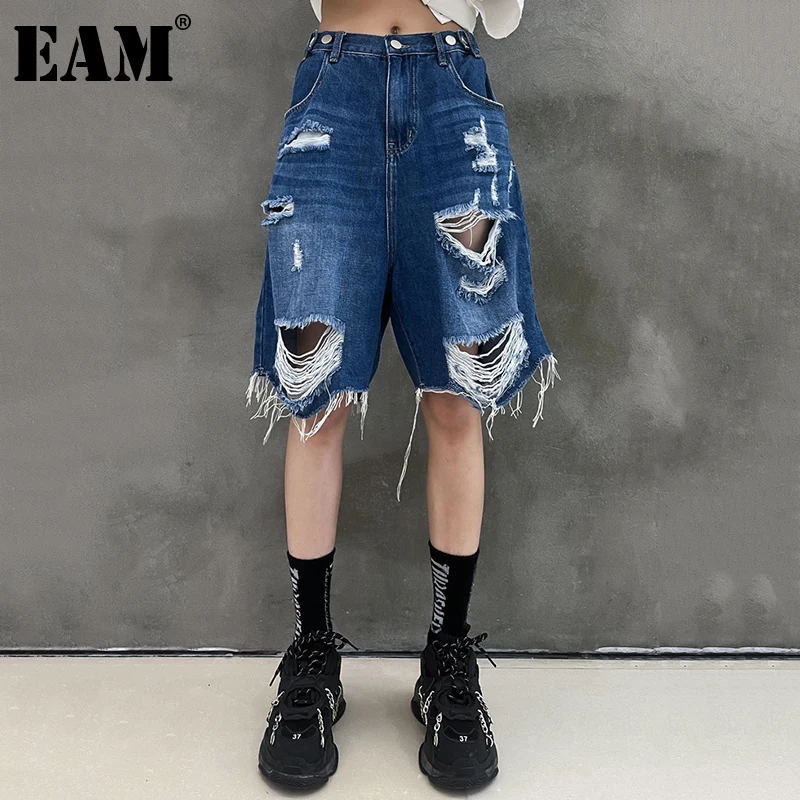 

[EAM] High Waist Blue Holes Casaul Denim Wide Leg Jeans New Loose Women Trousers Fashion Tide Spring Autumn 2022 1DD9327