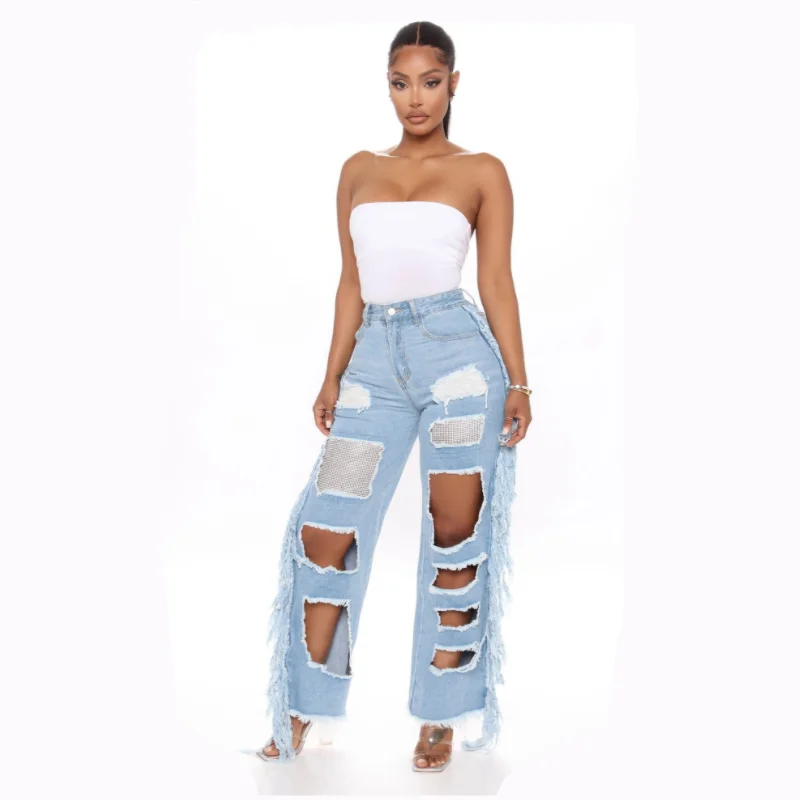 2021 Women's Hot New Style Stand-Alone Fringed Ripped Jeans Diamond Light-Colored Straight-Leg Pants
