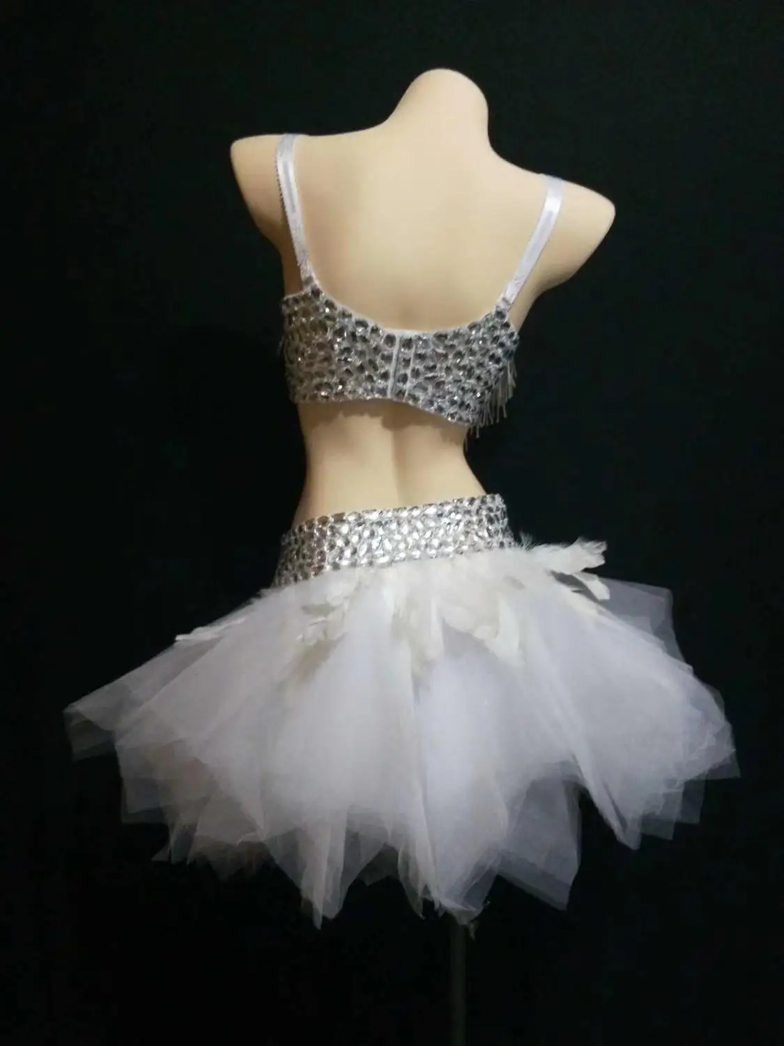 

Pool Party Women Sexy Tassels Rhinestone Spaghetti Strap with Feathers Mesh Short Dress Fashion Female Dancing Performance Wear