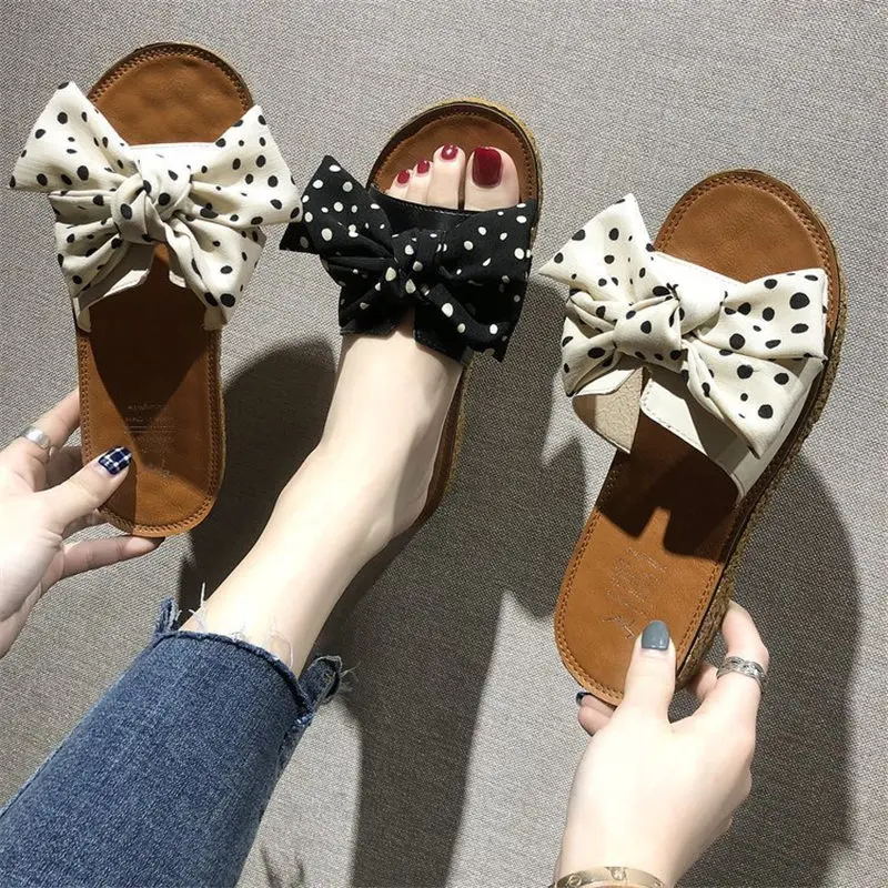 

2021seaside vacation beach sandals women summer slippers women's shoes bohemian fairy polka dot bow flat drag