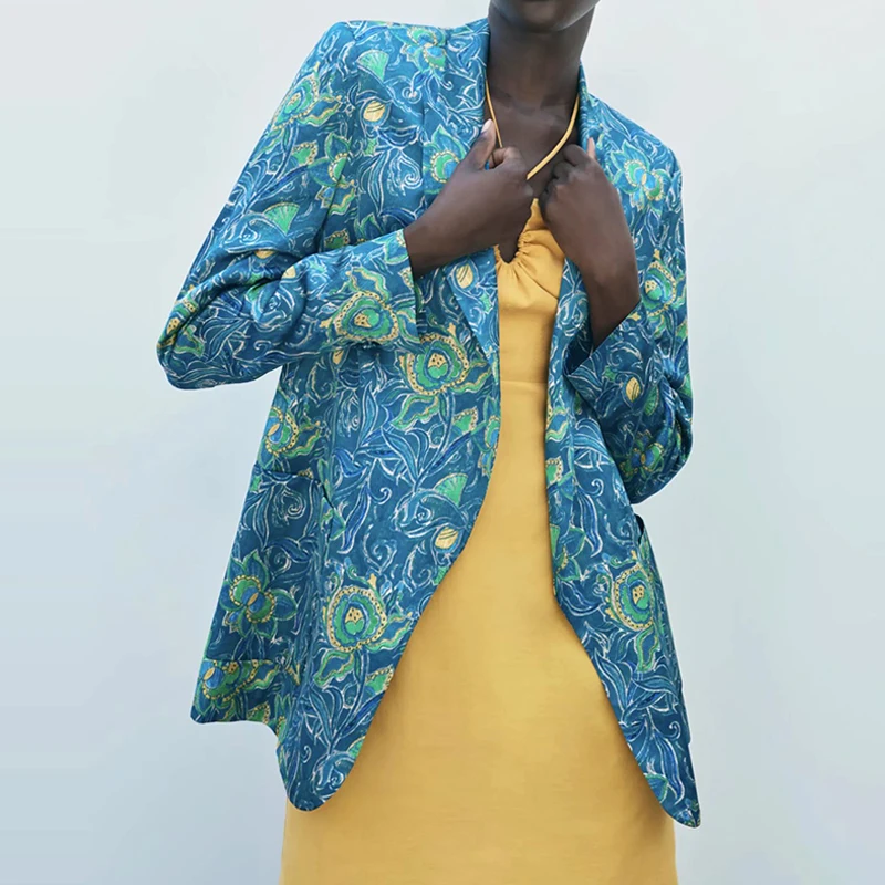 

WXWT Za Women Print Blazer Coat Vintage Notched Collar Pocket 2021 Fashion Female Casual Chic Tops DWDD86176