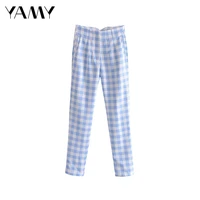yamyi blue pink plaid pants for women high waisted summer chic long trousers korean vintage y2k female capris zora skinny pants