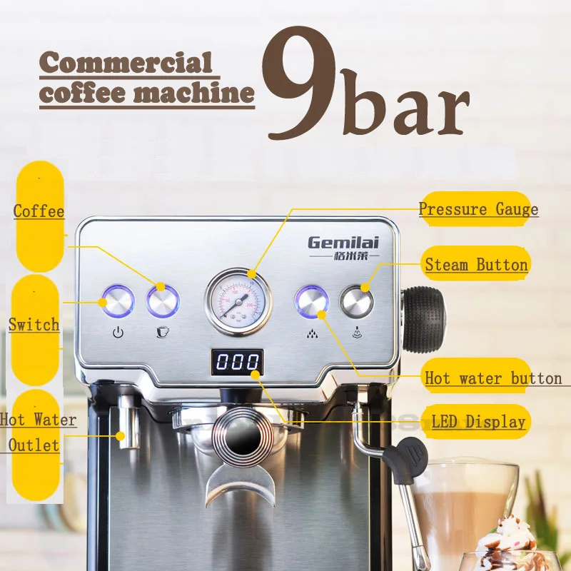 Authentic Coffee Machine Maker Espresso Cups Steam Type Semiautomatic 19Bar Home Commercial Milk Frother Stainless Steel 220V | Бытовая