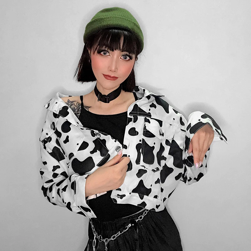 Iamhotty, с принтом коровы, тонкая куртка для женщин, Jaquetas Feminina, уличная, короткая, Женская куртка, осень, Kawayii Femme, пальто с длинным рукавом