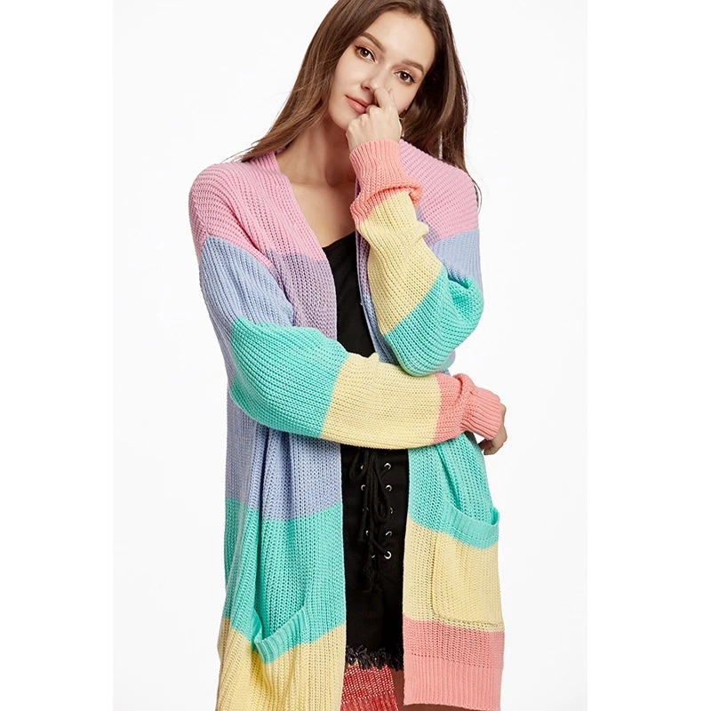 

Sweater Coat Women Lady Elegant Plus Size Loose Casual Rainbow Striped Long Cardigan Winter Knitted Sweater Jacket