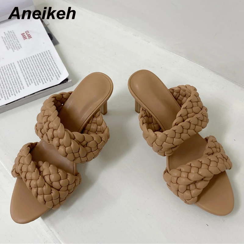 

Aneikeh 2021 Women Shoes Summer Pleated Sexy Solid Slippers Pointed Toe PU Slides Outside Adult Black Size 35-39 New Fashion