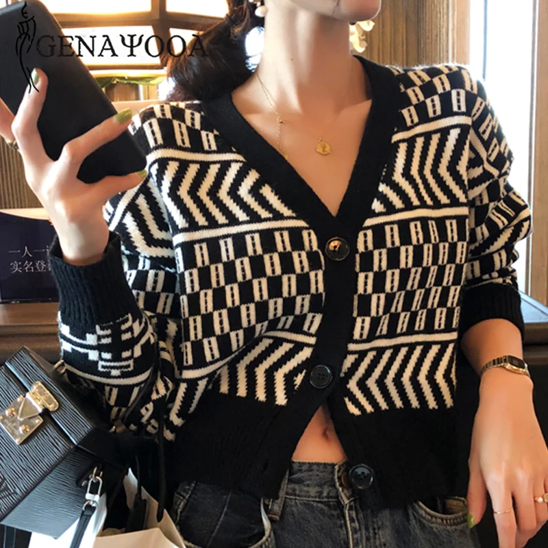 

Genayooa Knitting Sweater Cardigan Loose Coat Open Stitch Geometric V Neck Streewear Autumn Winter Cardigan Women Long Sleeve