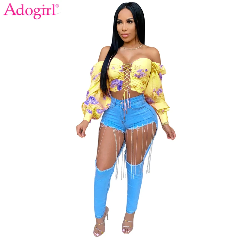 

Adogirl Floral Print Women Fashion Tops Hollow Out Lace Up Strapless Off Shoulder Long Sleeve Crop Top Shirts Slim Croset