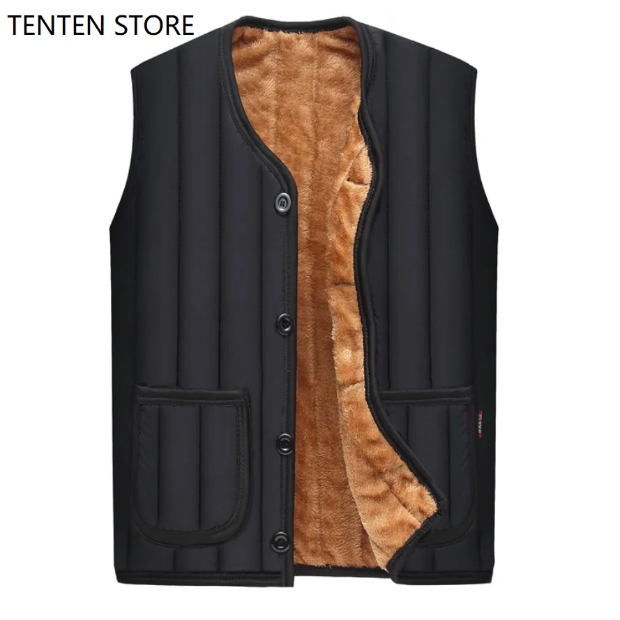 

Winter Plus Sizes Fleece Warm Vest Jacket Coats Mens Thick 4 Buttons V Neck Sleeveless Gilet Jackets with Pockets Black Navy