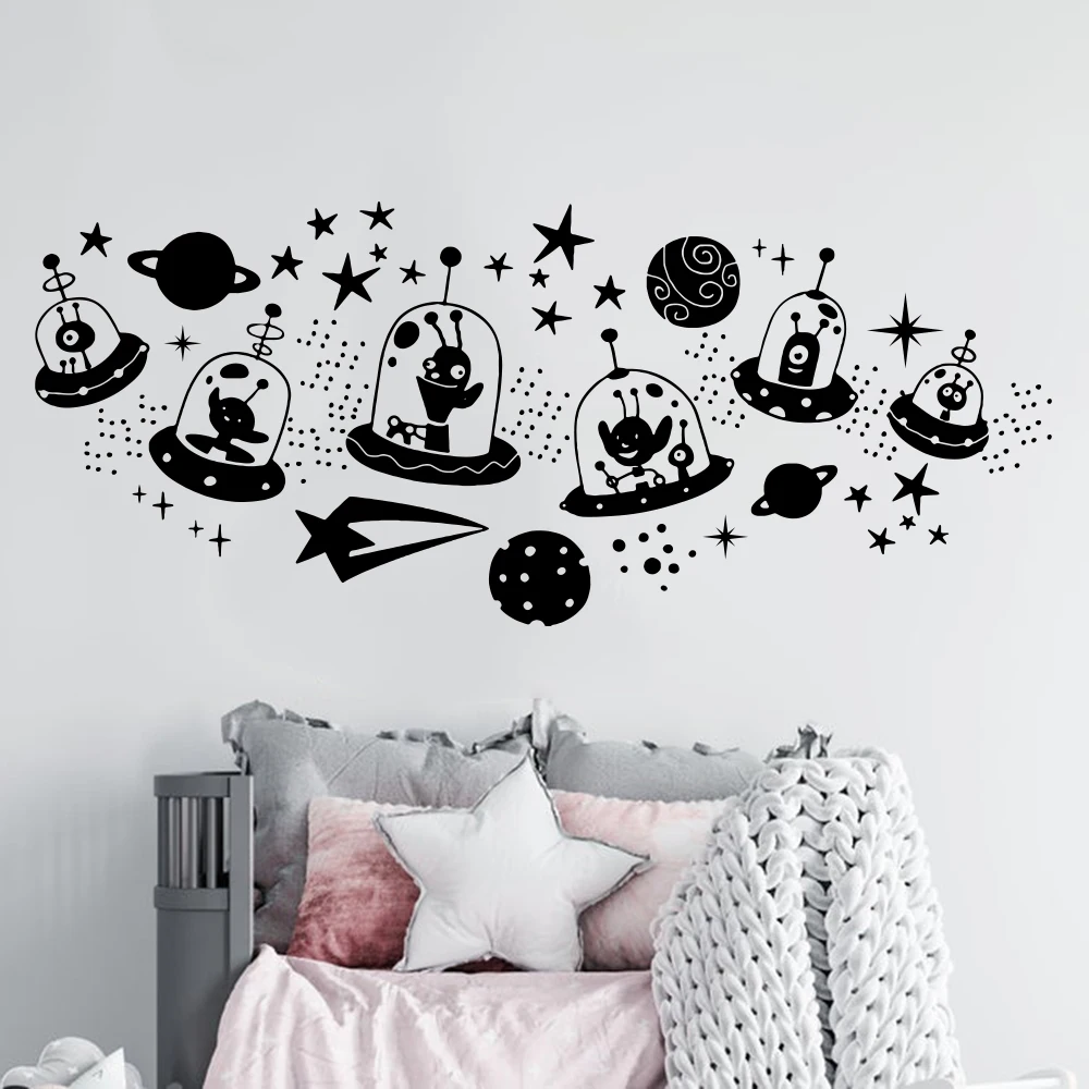 

Мультяшный монстр, космический корабль, звезда, луна, Настенная Наклейка для игровой комнаты, детской комнаты, инопланетянин, воздушный кор...