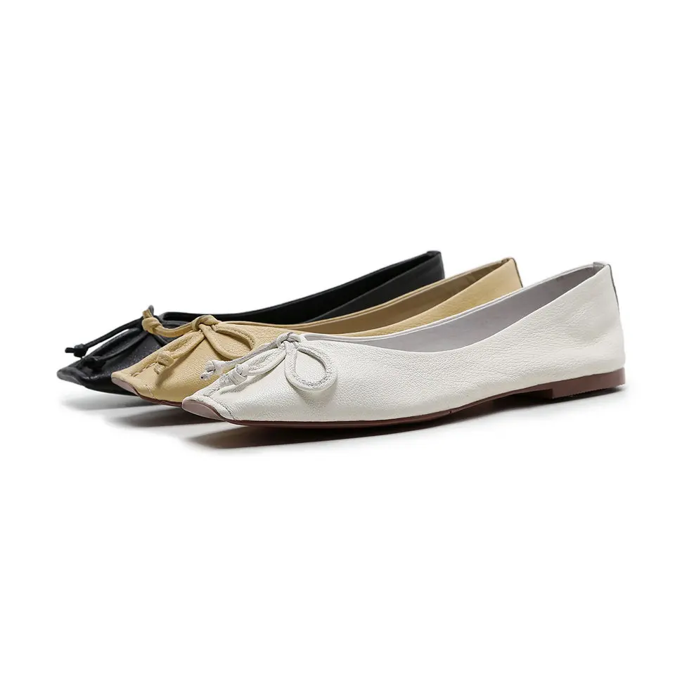 

EshtonShero Women's Shoes Flats Beige Leather+PU Flat Heel Summer Slip On Elegant Square Toe Ladies Loafers Shoes Size 3-8