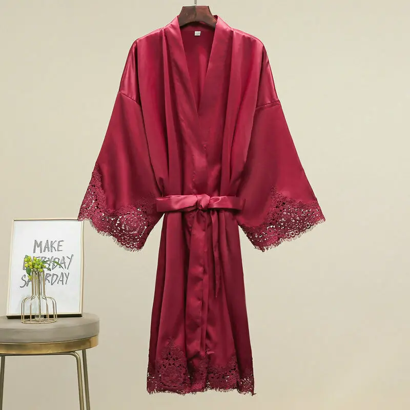 Satin silk Lace Trim Robe for women custom Bridal Wedding bathrobe Bride Bridesmaid kimono robe Sleepwear burgundy robe