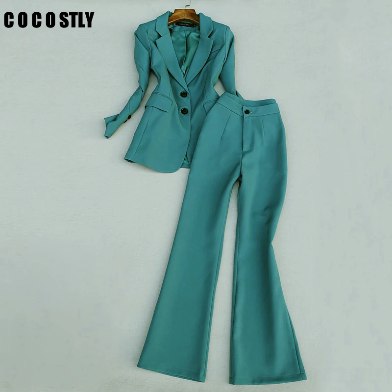 

Women's Office Lady 2 Pieces Sets Solid Green Elegant Single Breasted Pant Suits Blazers And Ankle-Length Pants Trousers