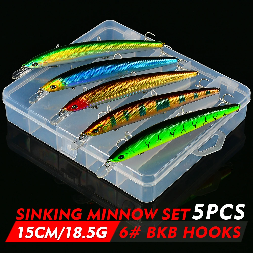 5 шт., набор рыболовных приманок Minnow, набор приманки, 18,5 г/15 см, 9 г/11,5 см, искусственные жесткие воблеры для наживки с ящиком для хранения, снасти