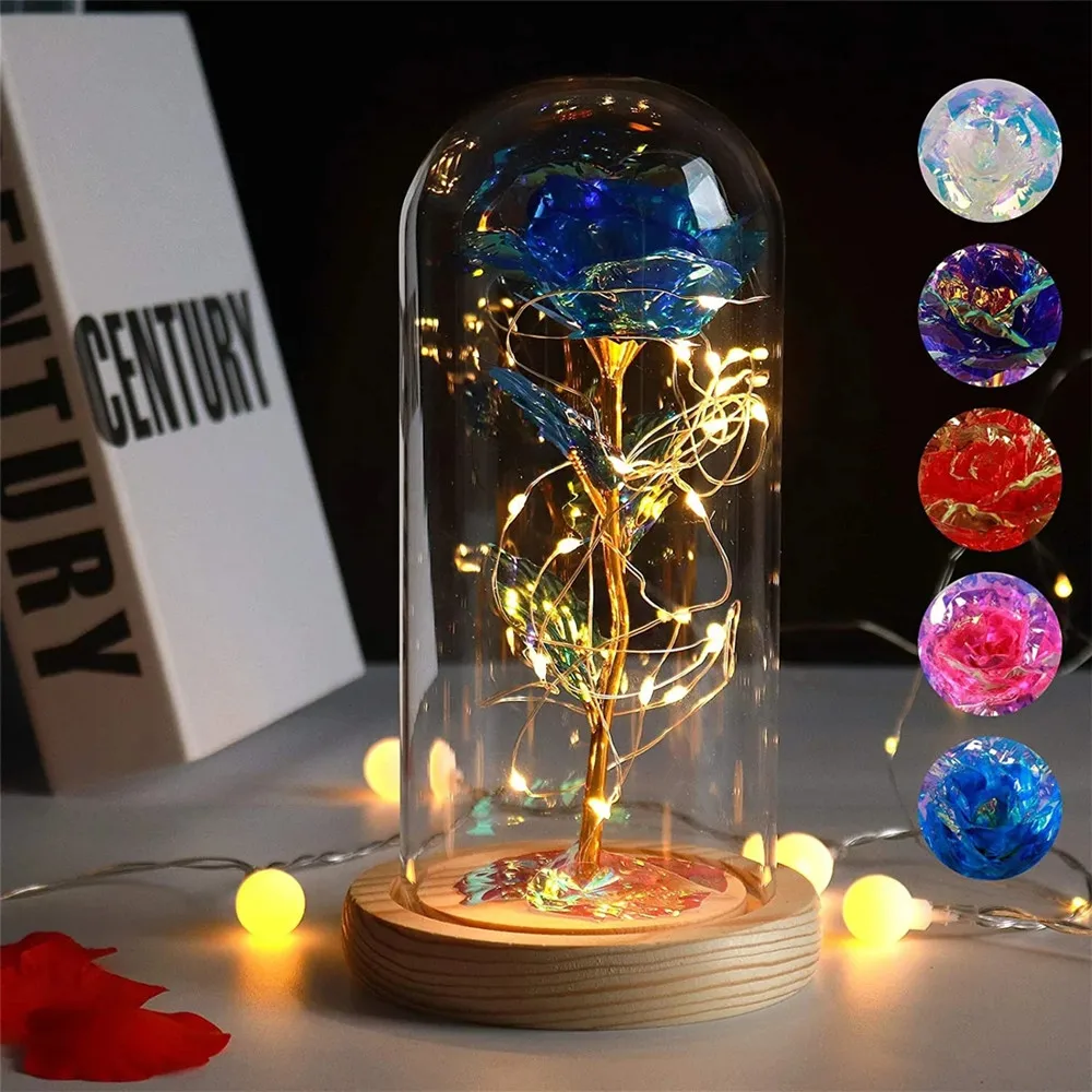 

Gold Foil Galaxy Rose Flower LED Night Light Crystal Galaxy Rose in a Glass Dome Lamp for Girls Girlfriend Mom Birthday Gift