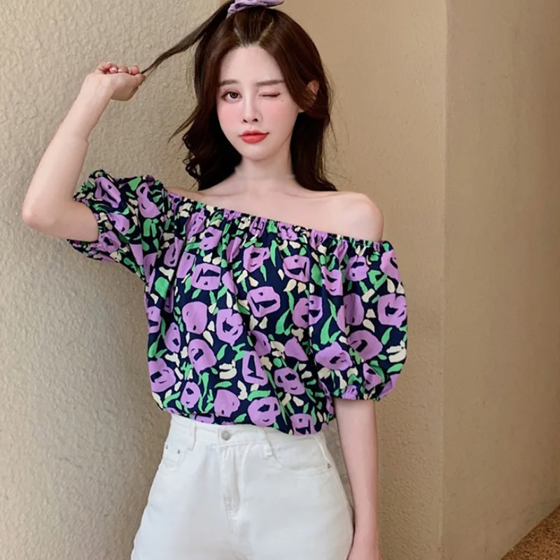 

Women Summer Blouses Korean Vintage Floral Print Tops Off Shoulder Short Sleeve Top Blouses for Ladies