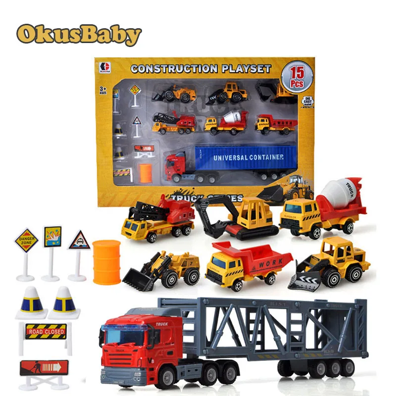 

15pcs Kit Constrution Playset Baby Boy Engineering Motor tractor Kit With 6 Truck Car & 7 Traffic Road Signs Children Vehicle