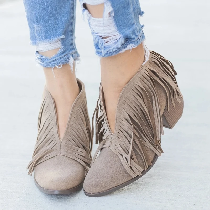 LOOZYKIT Chic Women Shoes Retro Fringe Suede High Heel Ankle Boot Female Mid Heels Casual Mujer Booties Feminina Plus Size 43 | Обувь