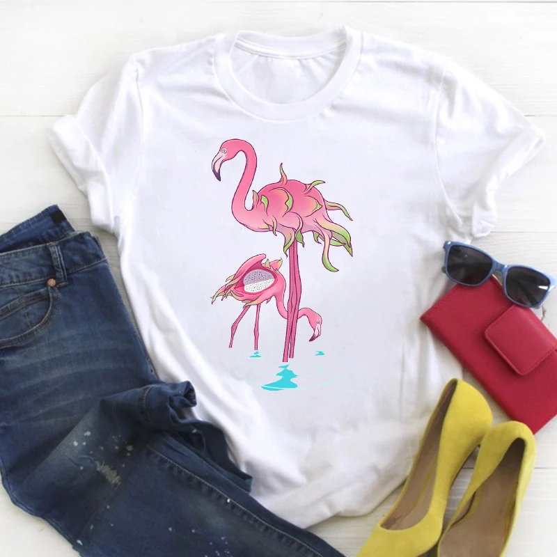 

Women Flamingo Flower Elegant Beach Print Travel Summer Tee Tshirt Womens Female Top Shirt Clothes Graphic T-shirt