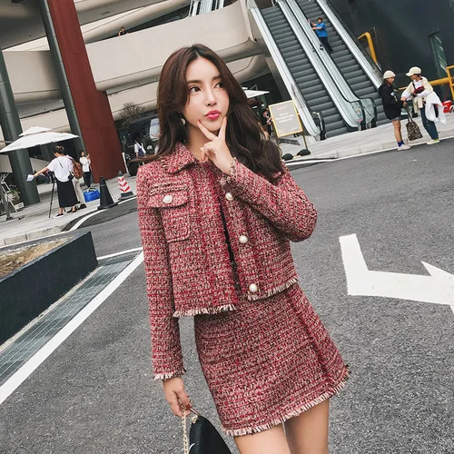 Women Skirt Sets Winter Europe Ladies Tassel Woolen Tweed Jacket+ Short Skirt Suits Elegant Two Piece Womens Clothing Sets
