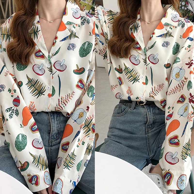 

Vintage Graffiti Print Woman Clothing Women Shirt Autumn Long-sleeve Casual Ladies Korean Style Shirt Blouse