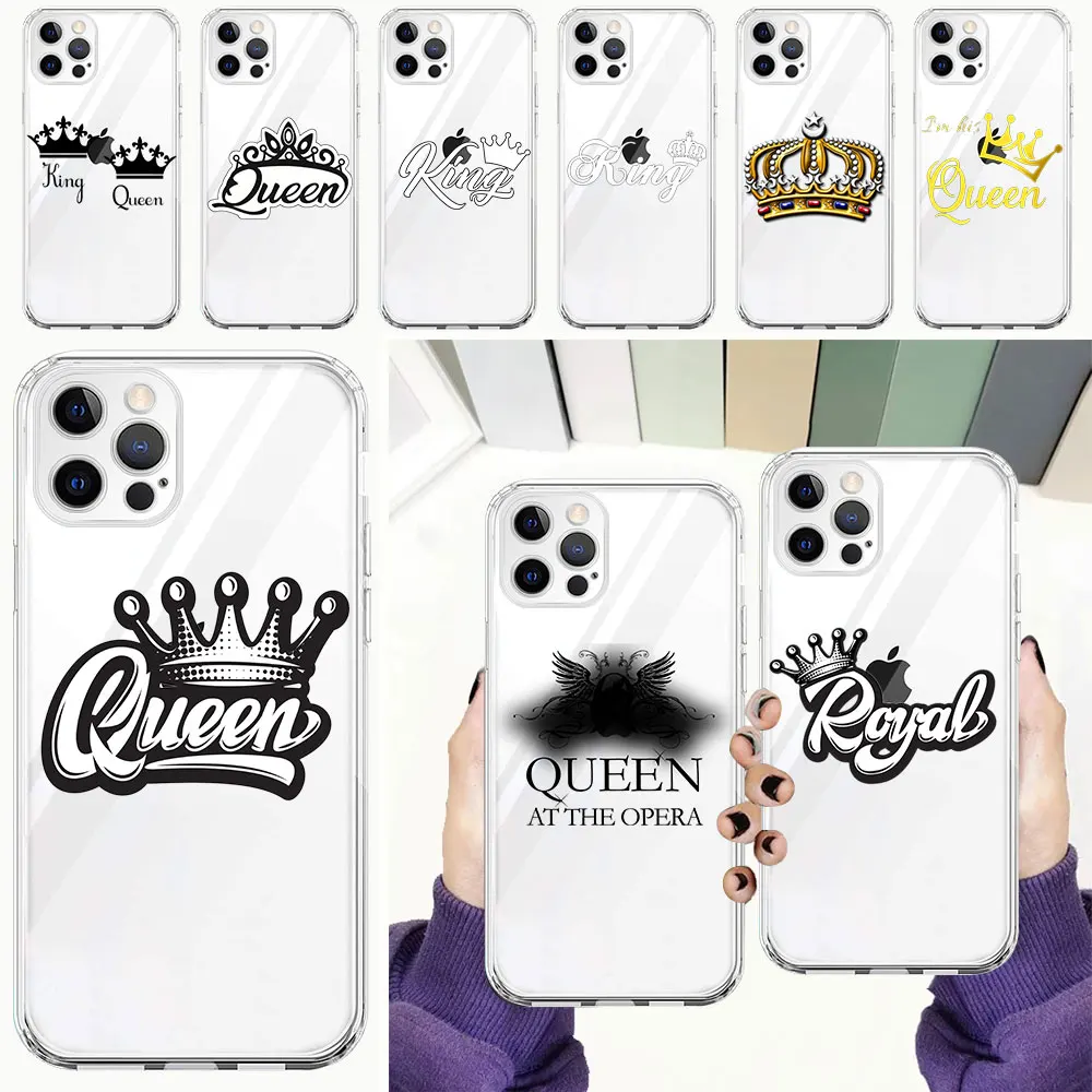 

Letter King Queen Luxury Soft TPU Phone Case For iPhone 13 12 11 Pro Max 8 7 Plus X XS Max XR SE2020 Transparent Shell Coque Bag
