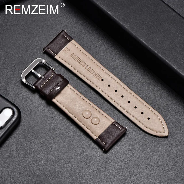 REMZEIM Calfskin Leather Watchband Soft Material Watch Band Wrist Strap 18mm 20mm 22mm 24mm With Silver Stainless Steel Buckle 6