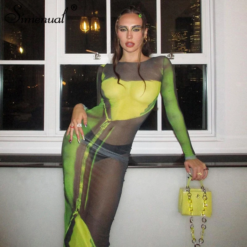 

Simenual Pattern Print Mesh See Through Maxi Dresses Bodycon Tight One Piece Outfit Long Sleeve Midnight Clubwear Women Dress